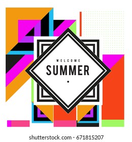Trendy vector summer cards illustration with elements and abstract colorful textures. Design for holiday vacation poster, card, brochure, and promotion template. Fashion art print and background.