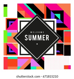 Trendy vector summer cards illustration with elements and abstract colorful textures. Design for holiday vacation poster, card, brochure, and promotion template. Fashion art print and background.