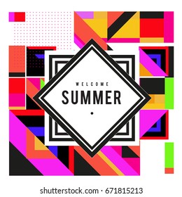 Trendy vector summer cards illustration with elements and abstract colorful textures. Design for holiday vacation poster, card, brochure, and promotion template. Fashion art print and background.