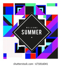 Trendy vector summer cards illustration with elements and abstract colorful textures. Design for holiday vacation poster, card, brochure, and promotion template. Fashion art print and background.