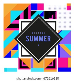 Trendy vector summer cards illustration with elements and abstract colorful textures. Design for holiday vacation poster, card, brochure, and promotion template. Fashion art print and background.