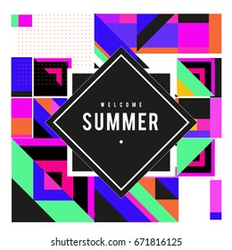 Trendy vector summer cards illustration with elements and abstract colorful textures. Design for holiday vacation poster, card, brochure, and promotion template. Fashion art print and background.