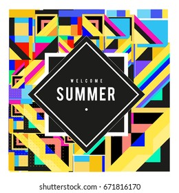 Trendy vector summer cards illustration with elements and abstract colorful textures. Design for holiday vacation poster, card, brochure, and promotion template. Fashion art print and background.