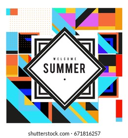 Trendy vector summer cards illustration with elements and abstract colorful textures. Design for holiday vacation poster, card, brochure, and promotion template. Fashion art print and background.