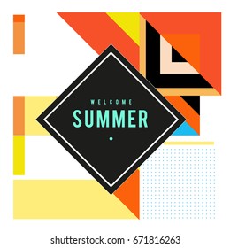 Trendy vector summer cards illustration with elements and abstract colorful textures. Design for holiday vacation poster, card, brochure, and promotion template. Fashion art print and background.