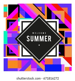 Trendy vector summer cards illustration with elements and abstract colorful textures. Design for holiday vacation poster, card, brochure, and promotion template. Fashion art print and background.