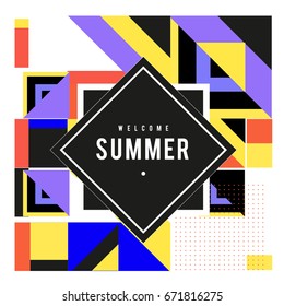 Trendy vector summer cards illustration with elements and abstract colorful textures. Design for holiday vacation poster, card, brochure, and promotion template. Fashion art print and background.