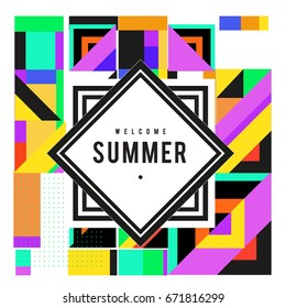 Trendy vector summer cards illustration with elements and abstract colorful textures. Design for holiday vacation poster, card, brochure, and promotion template. Fashion art print and background.
