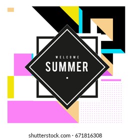 Trendy vector summer cards illustration with elements and abstract colorful textures. Design for holiday vacation poster, card, brochure, and promotion template. Fashion art print and background.