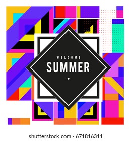 Trendy vector summer cards illustration with elements and abstract colorful textures. Design for holiday vacation poster, card, brochure, and promotion template. Fashion art print and background.