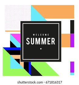 Trendy vector summer cards illustration with elements and abstract colorful textures. Design for holiday vacation poster, card, brochure, and promotion template. Fashion art print and background.