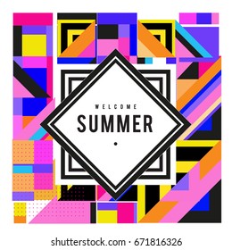 Trendy vector summer cards illustration with elements and abstract colorful textures. Design for holiday vacation poster, card, brochure, and promotion template. Fashion art print and background.