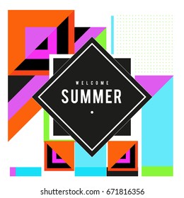 Trendy vector summer cards illustration with elements and abstract colorful textures. Design for holiday vacation poster, card, brochure, and promotion template. Fashion art print and background.