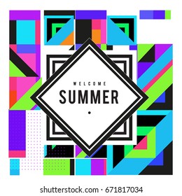 Trendy vector summer cards illustration with elements and abstract colorful textures. Design for holiday vacation poster, card, brochure, and promotion template. Fashion art print and background.