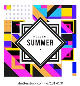 Trendy vector summer cards illustration with elements and abstract colorful textures. Design for holiday vacation poster, card, brochure, and promotion template. Fashion art print and background.