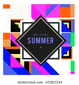 Trendy vector summer cards illustration with elements and abstract colorful textures. Design for holiday vacation poster, card, brochure, and promotion template. Fashion art print and background.