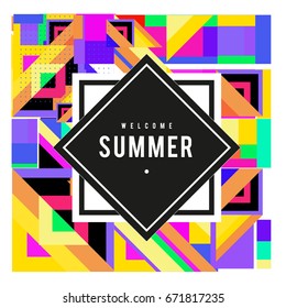 Trendy vector summer cards illustration with elements and abstract colorful textures. Design for holiday vacation poster, card, brochure, and promotion template. Fashion art print and background.