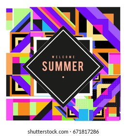Trendy vector summer cards illustration with elements and abstract colorful textures. Design for holiday vacation poster, card, brochure, and promotion template. Fashion art print and background.