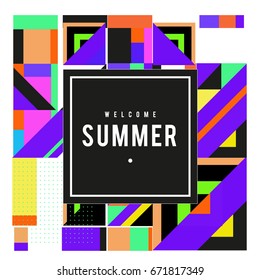 Trendy vector summer cards illustration with elements and abstract colorful textures. Design for holiday vacation poster, card, brochure, and promotion template. Fashion art print and background.