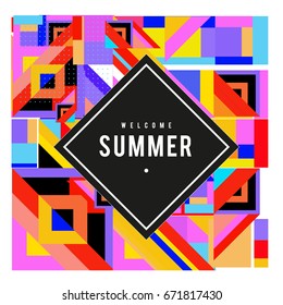 Trendy vector summer cards illustration with elements and abstract colorful textures. Design for holiday vacation poster, card, brochure, and promotion template. Fashion art print and background.