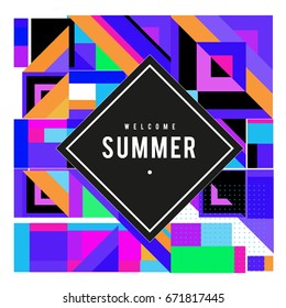Trendy vector summer cards illustration with elements and abstract colorful textures. Design for holiday vacation poster, card, brochure, and promotion template. Fashion art print and background.