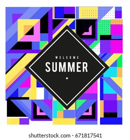 Trendy vector summer cards illustration with elements and abstract colorful textures. Design for holiday vacation poster, card, brochure, and promotion template. Fashion art print and background.