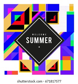 Trendy vector summer cards illustration with elements and abstract colorful textures. Design for holiday vacation poster, card, brochure, and promotion template. Fashion art print and background.