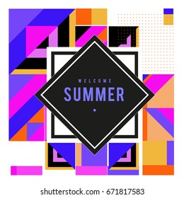 Trendy vector summer cards illustration with elements and abstract colorful textures. Design for holiday vacation poster, card, brochure, and promotion template. Fashion art print and background.