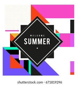 Trendy vector summer cards illustration with elements and abstract colorful textures. Design for holiday vacation poster, card, brochure, and promotion template. Fashion art print and background.