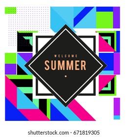 Trendy vector summer cards illustration with elements and abstract colorful textures. Design for holiday vacation poster, card, brochure, and promotion template. Fashion art print and background.