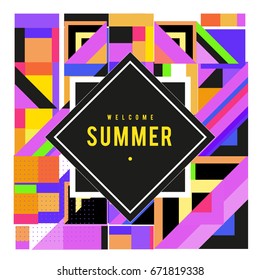 Trendy vector summer cards illustration with elements and abstract colorful textures. Design for holiday vacation poster, card, brochure, and promotion template. Fashion art print and background.