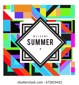 Trendy vector summer cards illustration with elements and abstract colorful textures. Design for holiday vacation poster, card, brochure, and promotion template. Fashion art print and background.