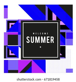 Trendy vector summer cards illustration with elements and abstract colorful textures. Design for holiday vacation poster, card, brochure, and promotion template. Fashion art print and background.
