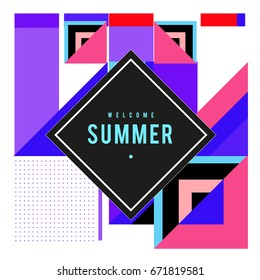 Trendy vector summer cards illustration with elements and abstract colorful textures. Design for holiday vacation poster, card, brochure, and promotion template. Fashion art print and background.