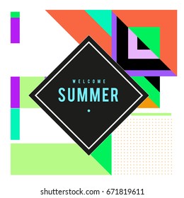 Trendy vector summer cards illustration with elements and abstract colorful textures. Design for holiday vacation poster, card, brochure, and promotion template. Fashion art print and background.