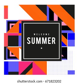 Trendy vector summer cards illustration with elements and abstract colorful textures. Design for holiday vacation poster, card, brochure, and promotion template. Fashion art print and background.