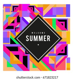 Trendy vector summer cards illustration with elements and abstract colorful textures. Design for holiday vacation poster, card, brochure, and promotion template. Fashion art print and background.