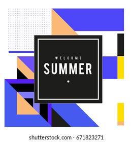 Trendy vector summer cards illustration with elements and abstract colorful textures. Design for holiday vacation poster, card, brochure, and promotion template. Fashion art print and background.