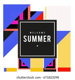 Trendy vector summer cards illustration with elements and abstract colorful textures. Design for holiday vacation poster, card, brochure, and promotion template. Fashion art print and background.