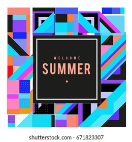 Trendy vector summer cards illustration with elements and abstract colorful textures. Design for holiday vacation poster, card, brochure, and promotion template. Fashion art print and background.