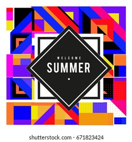 Trendy vector summer cards illustration with elements and abstract colorful textures. Design for holiday vacation poster, card, brochure, and promotion template. Fashion art print and background.
