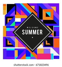 Trendy vector summer cards illustration with elements and abstract colorful textures. Design for holiday vacation poster, card, brochure, and promotion template. Fashion art print and background.