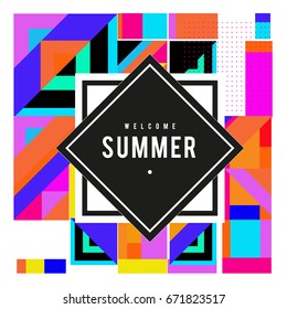Trendy vector summer cards illustration with elements and abstract colorful textures. Design for holiday vacation poster, card, brochure, and promotion template. Fashion art print and background.