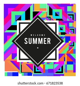 Trendy vector summer cards illustration with elements and abstract colorful textures. Design for holiday vacation poster, card, brochure, and promotion template. Fashion art print and background.