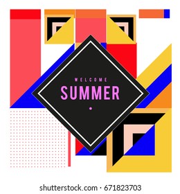 Trendy vector summer cards illustration with elements and abstract colorful textures. Design for holiday vacation poster, card, brochure, and promotion template. Fashion art print and background.