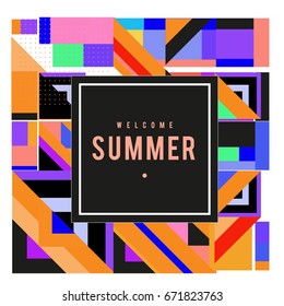 Trendy vector summer cards illustration with elements and abstract colorful textures. Design for holiday vacation poster, card, brochure, and promotion template. Fashion art print and background.
