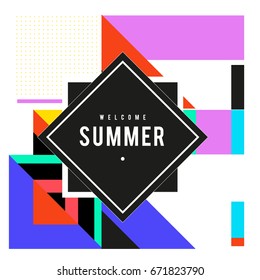 Trendy vector summer cards illustration with elements and abstract colorful textures. Design for holiday vacation poster, card, brochure, and promotion template. Fashion art print and background.