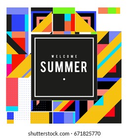 Trendy vector summer cards illustration with elements and abstract colorful textures. Design for holiday vacation poster, card, brochure, and promotion template. Fashion art print and background.