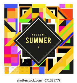 Trendy vector summer cards illustration with elements and abstract colorful textures. Design for holiday vacation poster, card, brochure, and promotion template. Fashion art print and background.