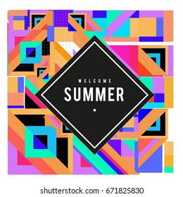 Trendy vector summer cards illustration with elements and abstract colorful textures. Design for holiday vacation poster, card, brochure, and promotion template. Fashion art print and background.